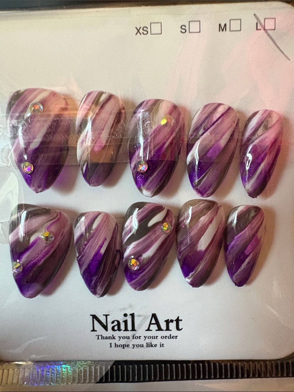Press-On Nail Set — Purple Marble Swirl with Rhinestones